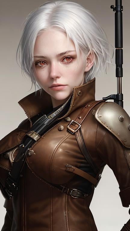 Prompt: Zoom in Portrait Very becautiful young woman with red eyes and short emostyle white hair, a burnscar over her left eye, hair over her right eye, (Masterpiece), gentle sad expression, gentle sparks of light, short white emostyle assymetrical hair, (Masterpiece), holding a rifle, very beautiful young woman, fantasy, leather steampunk mechanic magitech outfit, overals, long sleeved shirt, lovely short white hair with a lock over her right eye, cinematic light, beautiful woman, beautiful red eyes, short emo style hair hair, longer locks over her right eye, perfect anatomy, very pretty, princess eyes, fantastic, stylised animation, life size, 32K resolution, human hands, mysterious shape, graceful, almost perfect, dynamic angles, highly detailed, figure sheet, concept Art, smooth, symmetrical, balanced placement, fashion pose, 20s beauty, great hair, overhead space