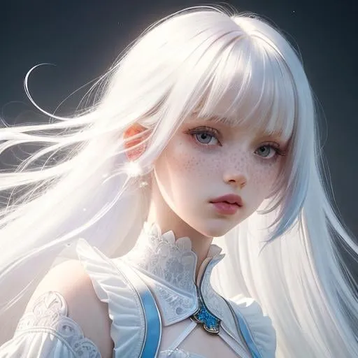 Prompt: intricately detailed, volumetric lighting, complementary colors, digital illustration, ethereal features, hip length long white hair, choppy bangs, anime hair, pale skin, freckles, female, beautiful, lovely, attractive, cute, vibrant blue eyes, dainty nose, soft cheeks, full lips, well defined jawline, revealing outfit, 3/4 view, semi-realistic, 8k resolution, emotionless, fearsome look, vibrant colors, earrings, anime