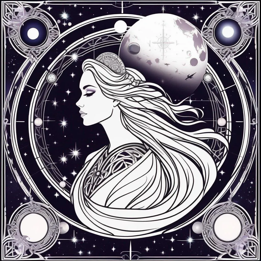 Prompt: wiccan tarot card style + intricate astrology border + young soft featured goddess portrait + pentagrams + detailed sci-fi  illustration, planets, stars + intricate Celtic illustration 