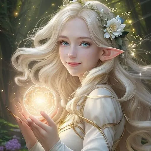 Prompt: Zoom in Portrait Very beautiful elf woman holding an orb of light (Masterpiece), gentle eyes and smile, gentle sparks of light, pale blond hair, (Masterpiece), fantastic sunlight,  very beautiful woman, fantasy, beautiful dancing pose, fantastic sky background, realistic flowers and plants,, constellation-like design Dress, in forest Shining pale blond hair, cinematic light, beautiful woman, beautiful eyes, long hair, perfect anatomy, very pretty, princess eyes, fantastic, stylised animation, bioluminescent, life size, 32K resolution, human hands, mysterious shape, graceful, almost perfect, dynamic angles, highly detailed, figure sheet, concept Art, smooth, symmetrical, balanced placement, fashion pose, 20s beauty, great hair, overhead space