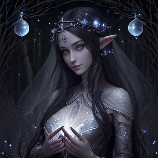 Prompt: Zoom in Portrait Very beautiful ethereal darkelf queen surrounded by many floating orbs of pale light (Masterpiece), long pointed elven ears, gentle eyes and smile, gentle sparks of light, black hair, (Masterpiece), in a dark forest,  very beautiful woman, fantasy, beautiful dancing pose, ominous forest background, realistic flowers and plants,, constellation-like design translucent see through Dress, in forest lovely dark purple hair, cinematic light, beautiful woman, beautiful eyes, long hair, perfect anatomy, very pretty, princess eyes, fantastic, stylised animation, bioluminescent, life size, 32K resolution, human hands, mysterious shape, graceful, almost perfect, dynamic angles, highly detailed, figure sheet, concept Art, smooth, symmetrical, balanced placement, fashion pose, 20s beauty, great hair, overhead space