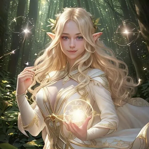 Prompt: Zoom in Portrait Very beautiful elf woman holding an orb of light (Masterpiece), gentle eyes and smile, gentle sparks of light, pale blond hair, (Masterpiece), fantastic sunlight,  very beautiful woman, fantasy, beautiful dancing pose, fantastic sky background, realistic flowers and plants,, constellation-like design Dress, in forest Shining pale blond hair, cinematic light, beautiful woman, beautiful eyes, long hair, perfect anatomy, very pretty, princess eyes, fantastic, stylised animation, bioluminescent, life size, 32K resolution, human hands, mysterious shape, graceful, almost perfect, dynamic angles, highly detailed, figure sheet, concept Art, smooth, symmetrical, balanced placement, fashion pose, 20s beauty, great hair, overhead space