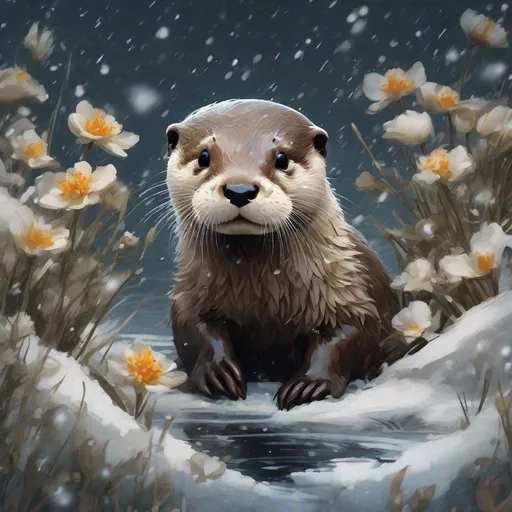 Prompt: Photorealistic, chibi adorable otter surrounded by snow and springflowers :ink flow: 8k resolution photorealistic masterpiece: by Aaron Horkey and Jeremy Mann: intricately detailed fluid gouache painting: by Jean Baptiste Mongue: calligraphy: acrylic: watercolor art, professional photography, natural lighting, volumetric lighting maximalist photoillustration: by marton bobzert: 8k resolution concept art intricately detailed, complex elegant expansive fantastical