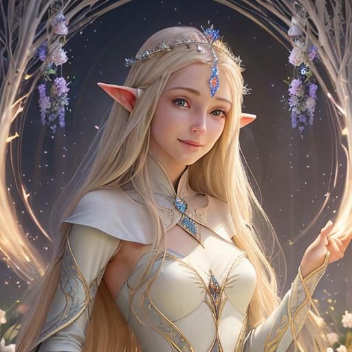 Prompt: Zoom in Portrait Very beautiful ethereal highelf queen spirit surrounded by many floating orbs of pale light (Masterpiece), long pointed elven ears, gentle eyes and smile, gentle sparks of light, opalblonde hair, (Masterpiece), in a throneroom,  very beautiful woman, fantasy, beautiful dancing pose, royal elven throneroom background, realistic flowers and plants,, constellation-like design translucent see through Dress, throneroom lovely opalblonde hair, cinematic light, beautiful woman, beautiful eyes, long hair, perfect anatomy, very pretty, princess eyes, fantastic, stylised animation, bioluminescent, life size, 32K resolution, human hands, mysterious shape, graceful, almost perfect, dynamic angles, highly detailed, figure sheet, concept Art, smooth, symmetrical, balanced placement, fashion pose, 20s beauty, great hair, overhead space