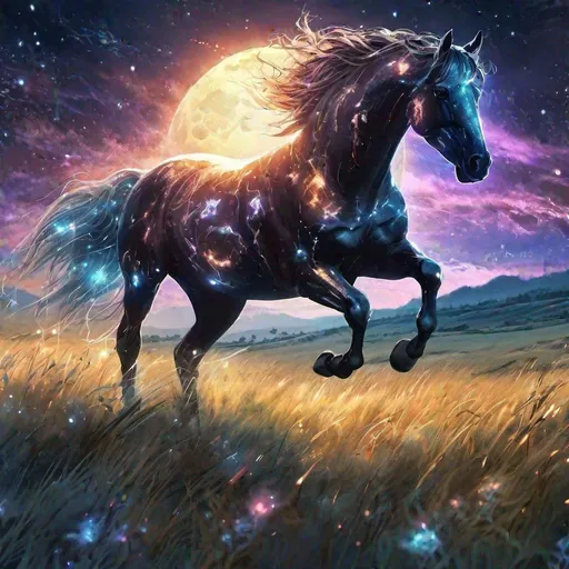 Prompt: An translucent horse with rabies with a human head that is glowing, jumping in the grasslands, sunrise, beneath the stars, bioluminescent, highres, best quality, concept art