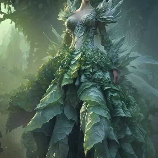 Prompt: beautiful cabbage leaves wedding dress, sylvari aesthetic, fashion design, overhead space, character concept art by GuildWars2 by Daniel Dociu by kekai kotai