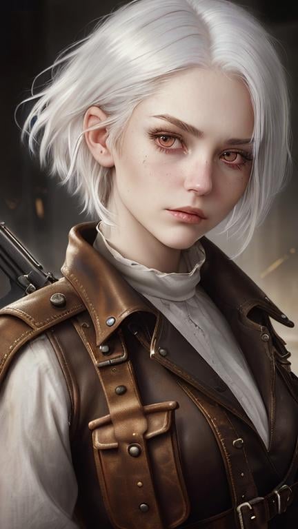 Prompt: Zoom in Portrait Very becautiful young woman with red eyes and short emostyle white hair, a burnscar over her left eye, hair over her right eye, (Masterpiece), gentle sad expression, gentle sparks of light, short white emostyle assymetrical hair, (Masterpiece), holding a rifle, very beautiful young woman, fantasy, leather steampunk mechanic magitech outfit, overals, long sleeved shirt, lovely short white hair with a lock over her right eye, cinematic light, beautiful woman, beautiful red eyes, short emo style hair hair, longer locks over her right eye, perfect anatomy, very pretty, princess eyes, fantastic, stylised animation, life size, 32K resolution, human hands, mysterious shape, graceful, almost perfect, dynamic angles, highly detailed, figure sheet, concept Art, smooth, symmetrical, balanced placement, fashion pose, 20s beauty, great hair, overhead space