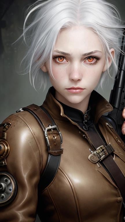 Prompt: Zoom in Portrait Very becautiful young woman with red eyes and short emostyle white hair, a burnscar over her left eye, hair over her right eye, (Masterpiece), gentle sad expression, short white emostyle assymetrical hair, (Masterpiece), holding a rifle, very beautiful young woman, fantasy, leather steampunk mechanic magitech outfit, overals, long sleeved shirt, lovely short white hair with a lock over her right eye, cinematic light, beautiful woman, beautiful red eyes, short emo style hair hair, longer locks over her right eye, perfect anatomy, very pretty, princess eyes, fantastic, stylised animation, life size, 32K resolution, human hands, mysterious shape, graceful, almost perfect, dynamic angles, highly detailed, figure sheet, concept Art, smooth, symmetrical, balanced placement, fashion pose, 20s beauty, great hair, overhead space