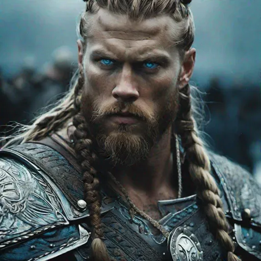 Prompt: Extremely detailed cinematic film still photography of centered portrait of fierce male viking warrior with fierce ice blue eyes, viking braids, nordic tattoos, Insanely Detailed Mixed-Media Photography by jeremy mann, andree wallin, Dan Witz, Peter Gric, Francis Bacon, 4K, Hyperrealism, Masterpiece, Chiaroscuro