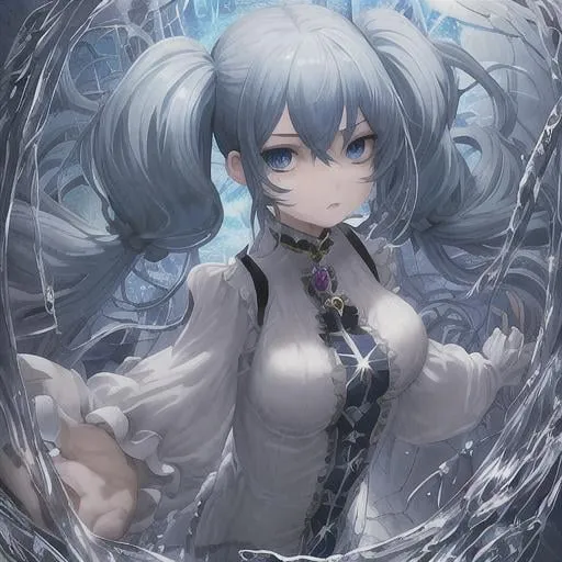 Prompt: (masterpiece), best quality, expressive eyes, perfect face, 1girl, twenty years old, long blue hair, long hair, blue eyes, twintails, blue Magical Girl Outfit, trapped, trapped in a giant glass box, water rising