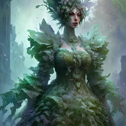 Prompt: beautiful cabbage leaves wedding dress, sylvari aesthetic, fashion design, overhead space, character concept art by GuildWars2 by Daniel Dociu by kekai kotai