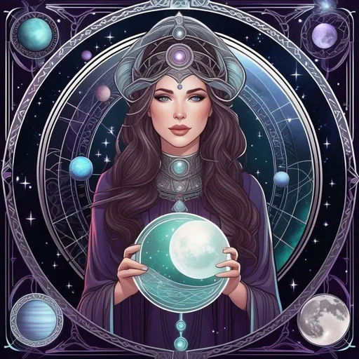 Prompt: wiccan tarot card style + intricate astrology border + young soft featured goddess portrait + pentagrams + detailed sci-fi  illustration, planets, stars + intricate Celtic illustration 