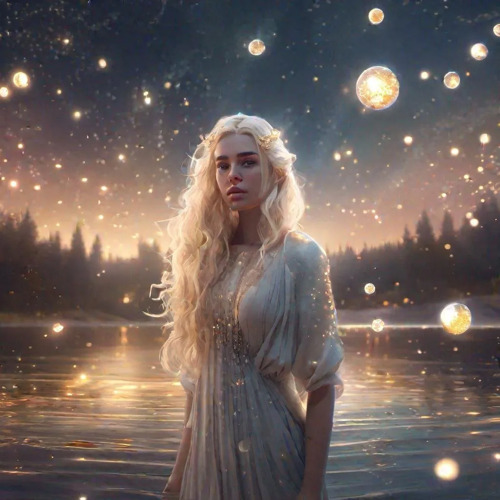 Prompt: Portrait of a beautiful girl surrounded by stars, standing at a lake. Flowing opal blonde hair, surrounded by orbs of gentle pale gold light, detailed matte painting, deep color, fantastical, intricate detail, splash screen, complementary colors, fantasy concept art, 8k resolution trending on Artstation Unreal Engine 5