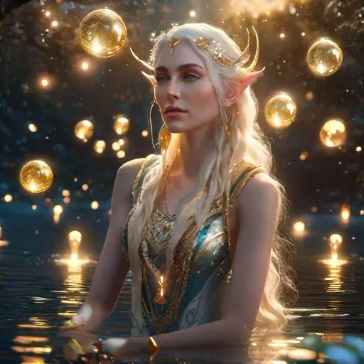 Prompt: Portrait of a beautiful elf woman surrounded by stars, standing at a lake. Flowing opal blonde hair, pointed elf ears, surrounded by orbs of gentle pale gold light, detailed matte painting, deep color, fantastical, intricate detail, splash screen, complementary colors, fantasy concept art, 8k resolution trending on Artstation Unreal Engine 5