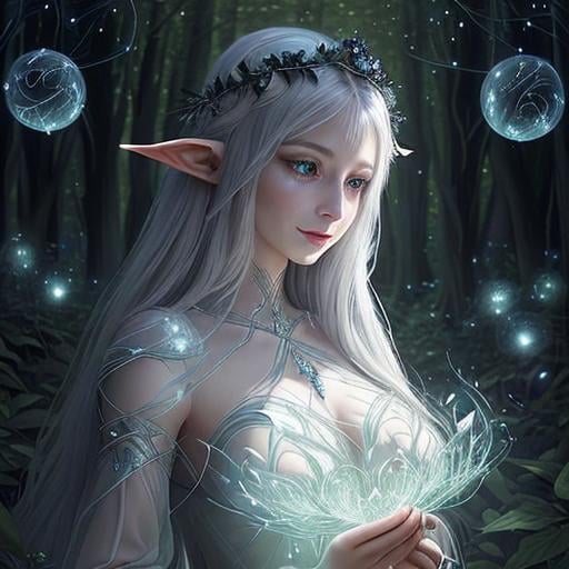 Prompt: Zoom in Portrait Very beautiful ethereal lightelf queen surrounded by many floating orbs of pale light (Masterpiece), long pointed elven ears, gentle eyes and smile, gentle sparks of light, black hair, (Masterpiece), in a dark forest,  very beautiful woman, fantasy, beautiful dancing pose, ominous forest background, realistic flowers and plants,, constellation-like design translucent see through Dress, in forest lovely dark purple hair, cinematic light, beautiful woman, beautiful eyes, long hair, perfect anatomy, very pretty, princess eyes, fantastic, stylised animation, bioluminescent, life size, 32K resolution, human hands, mysterious shape, graceful, almost perfect, dynamic angles, highly detailed, figure sheet, concept Art, smooth, symmetrical, balanced placement, fashion pose, 20s beauty, great hair, overhead space