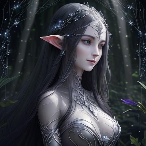 Prompt: Zoom in Portrait Very beautiful ethereal darkelf queen surrounded by many floating orbs of pale light (Masterpiece), long pointed elven ears, gentle eyes and smile, gentle sparks of light, black hair, (Masterpiece), in a dark forest,  very beautiful woman, fantasy, beautiful dancing pose, ominous forest background, realistic flowers and plants,, constellation-like design translucent see through Dress, in forest lovely dark purple hair, cinematic light, beautiful woman, beautiful eyes, long hair, perfect anatomy, very pretty, princess eyes, fantastic, stylised animation, bioluminescent, life size, 32K resolution, human hands, mysterious shape, graceful, almost perfect, dynamic angles, highly detailed, figure sheet, concept Art, smooth, symmetrical, balanced placement, fashion pose, 20s beauty, great hair, overhead space