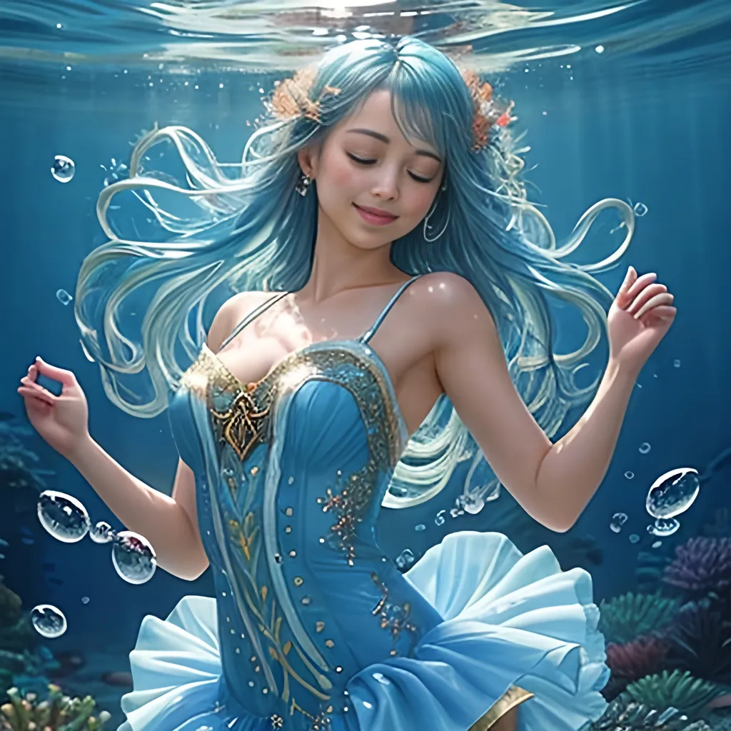 Prompt: Zoom in Portrait Very beautiful water nymph, Undine (Masterpiece), Closed eyes and smile, Schools of small fish, watery blue hair, (Masterpiece), fantastic sunlight, bubbles dancing on the water, very beautiful woman, fantasy, beautiful dancing pose, fantastic coral group background, realistic flowers and plants,, constellation-like design Dress, in water Shining blue hair, cinematic light, beautiful woman, beautiful eyes, long hair, perfect anatomy, very pretty, princess eyes, fantastic, stylised animation, bioluminescent, life size, 32K resolution, human hands, mysterious shape, graceful, almost perfect, dynamic angles, highly detailed, figure sheet, concept Art, smooth, symmetrical, balanced placement, fashion pose, 20s beauty, great hair, overhead space