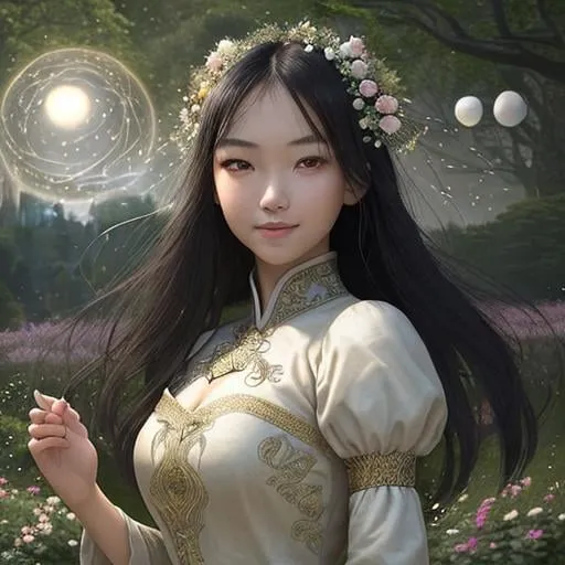 Prompt: Zoom in Portrait Very beautiful girl with asian features surrounded by many floating orbs of pale light (Masterpiece), gentle eyes and smile, gentle sparks of light, black hair, (Masterpiece), in a beautiful garden at night,  very beautiful girl, fantasy, beautiful dancing pose, medieval castle in the background, realistic flowers and plants,, constellation-like design Dress, in forest lovely dark hair, cinematic light, beautiful girl, beautiful eyes, long hair, perfect anatomy, very pretty, princess eyes, fantastic, stylised animation, bioluminescent, life size, 32K resolution, human hands, mysterious shape, graceful, almost perfect, dynamic angles, highly detailed, figure sheet, concept Art, smooth, symmetrical, balanced placement, fashion pose, 20s beauty, great hair, overhead space