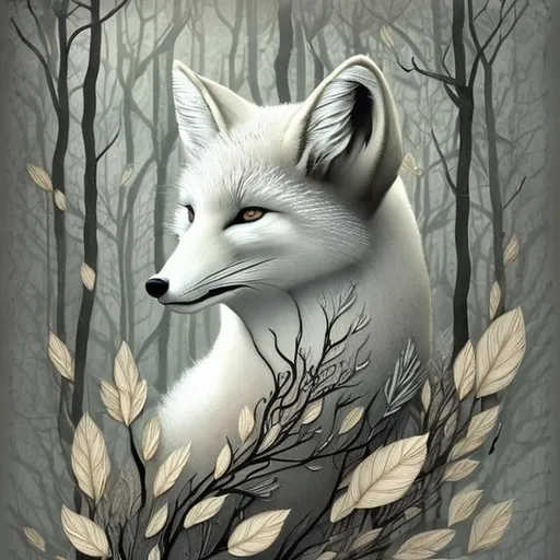 Prompt: "forest white fox, black lace leaves, on white background, surreal, detailed, christian schloe"