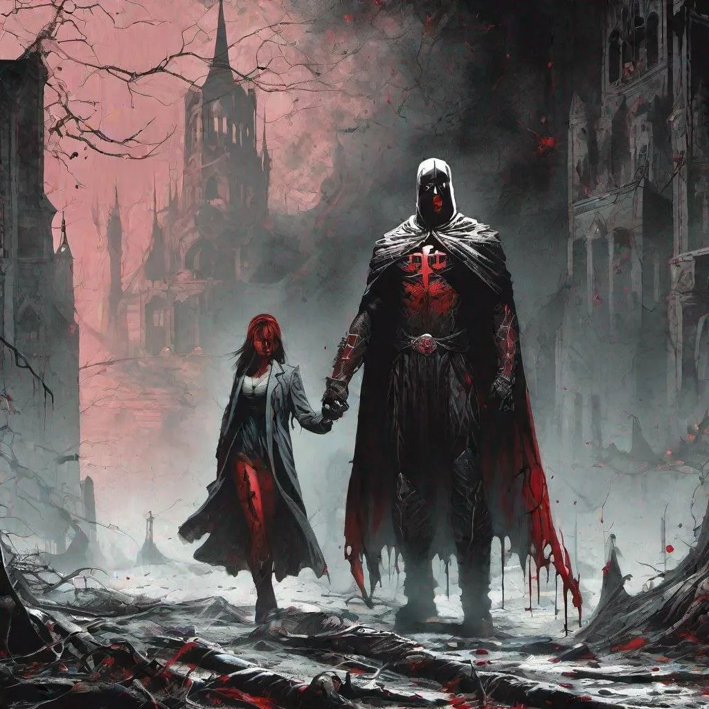 Prompt: crusader with sinister aura standing with his wife in a blood drenched and dark world.