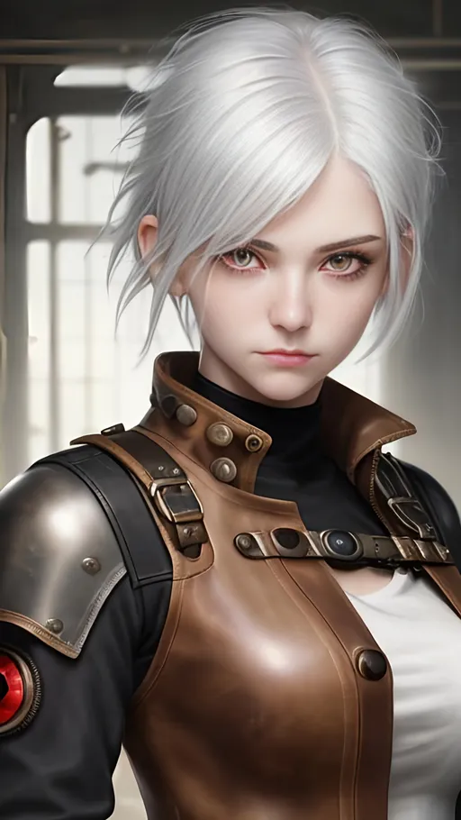 Prompt: Zoom in Portrait Very becautiful young woman with red eyes and short emostyle white hair, a burnscar over her left eye, hair over her right eye, (Masterpiece), gentle sad expression, short white emostyle assymetrical hair, (Masterpiece), holding a rifle, very beautiful young woman, fantasy, leather steampunk mechanic magitech outfit, overals, long sleeved shirt, lovely short white hair with a lock over her right eye, cinematic light, beautiful woman, beautiful red eyes, short emo style hair hair, longer locks over her right eye, perfect anatomy, very pretty, princess eyes, fantastic, stylised animation, life size, 32K resolution, human hands, mysterious shape, graceful, almost perfect, dynamic angles, highly detailed, figure sheet, concept Art, smooth, symmetrical, balanced placement, fashion pose, 20s beauty, great hair, overhead space