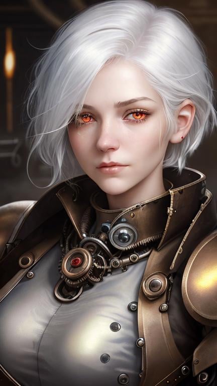 Prompt: Zoom in Portrait Very becautiful young woman with red eyes and short emostyle white hair, a burnscar over her left eye, hair over her right eye, (Masterpiece), gentle sad expression, gentle sparks of light, short white emostyle assymetrical hair, (Masterpiece), working on a metal golem, very beautiful young woman, fantasy, steampunk mechanic outfit, overals, long sleeved shirt, lovely short white hair with a lock over her right eye, cinematic light, beautiful woman, beautiful red eyes, short emo style hair hair, longer locks over her right eye, perfect anatomy, very pretty, princess eyes, fantastic, stylised animation, bioluminescent, life size, 32K resolution, human hands, mysterious shape, graceful, almost perfect, dynamic angles, highly detailed, figure sheet, concept Art, smooth, symmetrical, balanced placement, fashion pose, 20s beauty, great hair, overhead space