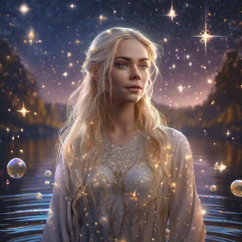 Prompt: Portrait of a beautiful girl surrounded by stars, standing at a lake. Flowing opal blonde hair, surrounded by orbs of gentle pale gold light, detailed matte painting, deep color, fantastical, intricate detail, splash screen, complementary colors, fantasy concept art, 8k resolution trending on Artstation Unreal Engine 5