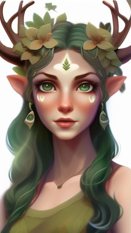 Prompt: a beautiful and youthful female faun with striking features, including long, flowing nature green hair and dark, earthy skin, nature inspired dress, gentle pretty face with delicate features, eyes sparkling with mischief and curiosity, Subtle faun-like features, deer antlers decorated with flowers peeking out from her hairline, Her lithe and graceful body adorned with leaves and vines, adding a touch of natural beauty and wildness to her appearance, playful and alluring, flowing nature green hair, Intricate, Highly detailed, Digital painting, Artstation, Fantasy, Sharp focus, mythological, Art by artgerm and greg rutkowski and magali villeneuve, Divine, Mystical, Glowing eyes, otherworldly, trending on deviantart and instagram