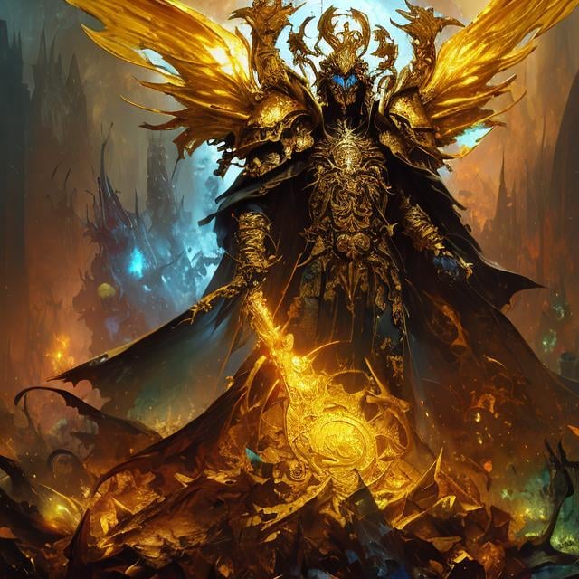 Prompt: Golden exalted Necromancer by Guildwars 2, by Daniel Dociu by Kekai kotai by John Berkey, fantasy Necromancer golden skin, golden ancient robes, inscribed with runes, Ultra-high definition render by Sophia Lee