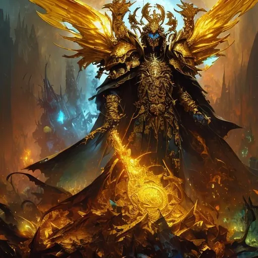 Prompt: Golden exalted Necromancer by Guildwars 2, by Daniel Dociu by Kekai kotai by John Berkey, fantasy Necromancer golden skin, golden ancient robes, inscribed with runes, Ultra-high definition render by Sophia Lee