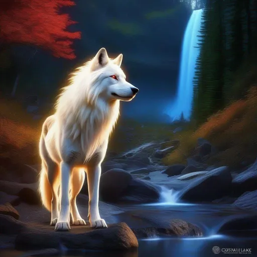 Prompt: Insanely beautiful (canine quadruped) that is glowing, thick brilliant pearl-white mane, on two legs, translucent, luminescent, illusion, glistening fiery mane, glows like the sun, flaming red eyes, majestic wolf face, energetic fox, in a magical forest near a lake, sunrise, beneath the stars, crystal lake, corona, glowing outline, waterfall, bioluminescent, highres, best quality, concept art, epic digital art, intricately detailed, cinematic, 8k eyes, highly detailed eyes, highly detailed, 64k, vibrant, UHD, professional, intricately detailed background