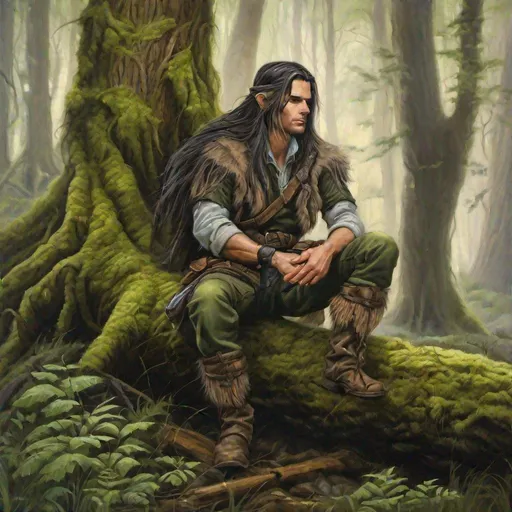 Prompt: painting of a woodelf ranger with shoulderlength braided long hair, sitting on a mossy log in the forest in the style of Anne Stokes