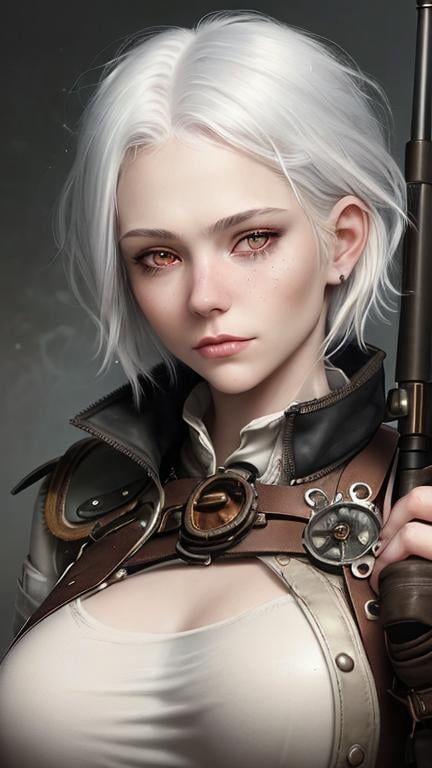 Prompt: Zoom in Portrait Very becautiful young woman with red eyes and short emostyle white hair, a burnscar over her left eye, hair over her right eye, (Masterpiece), gentle sad expression, gentle sparks of light, short white emostyle assymetrical hair, (Masterpiece), holding a rifle, very beautiful young woman, fantasy, leather steampunk mechanic magitech outfit, overals, long sleeved shirt, lovely short white hair with a lock over her right eye, cinematic light, beautiful woman, beautiful red eyes, short emo style hair hair, longer locks over her right eye, perfect anatomy, very pretty, princess eyes, fantastic, stylised animation, life size, 32K resolution, human hands, mysterious shape, graceful, almost perfect, dynamic angles, highly detailed, figure sheet, concept Art, smooth, symmetrical, balanced placement, fashion pose, 20s beauty, great hair, overhead space