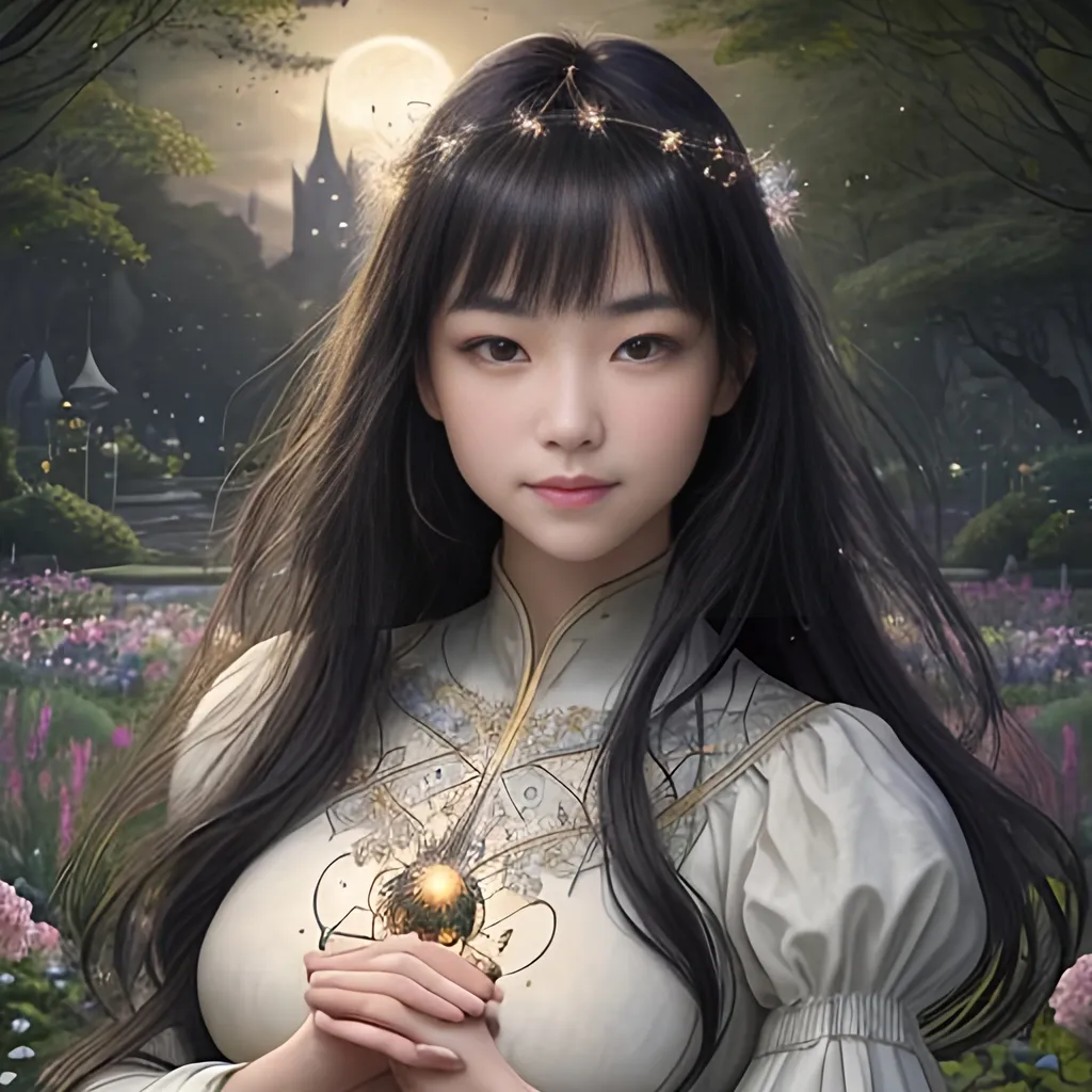 Prompt: Zoom in Portrait Very beautiful girl with asian features surrounded by many floating orbs of pale light (Masterpiece), gentle eyes and smile, gentle sparks of light, black hair, (Masterpiece), in a beautiful garden at night,  very beautiful girl, fantasy, beautiful dancing pose, medieval castle in the background, realistic flowers and plants,, constellation-like design Dress, in forest lovely dark hair, cinematic light, beautiful girl, beautiful eyes, long hair, perfect anatomy, very pretty, princess eyes, fantastic, stylised animation, bioluminescent, life size, 32K resolution, human hands, mysterious shape, graceful, almost perfect, dynamic angles, highly detailed, figure sheet, concept Art, smooth, symmetrical, balanced placement, fashion pose, 20s beauty, great hair, overhead space