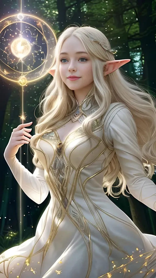 Prompt: Zoom in Portrait Very beautiful elf woman holding an orb of light (Masterpiece), gentle eyes and smile, gentle sparks of light, pale blond hair, (Masterpiece), fantastic sunlight,  very beautiful woman, fantasy, beautiful dancing pose, fantastic sky background, realistic flowers and plants,, constellation-like design Dress, in forest Shining pale blond hair, cinematic light, beautiful woman, beautiful eyes, long hair, perfect anatomy, very pretty, princess eyes, fantastic, stylised animation, bioluminescent, life size, 32K resolution, human hands, mysterious shape, graceful, almost perfect, dynamic angles, highly detailed, figure sheet, concept Art, smooth, symmetrical, balanced placement, fashion pose, 20s beauty, great hair, overhead space