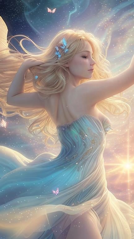 Prompt: Zoom in Portrait Very beautiful air faerie, Sylph (Masterpiece), warm gentle expression, group of butterflies, wavy opalblonde hair in the wind, (Masterpiece), fantastic sunlight, gentle white clouds, very beautiful woman, fantasy, beautiful dancing pose, fantastic sky background, realistic butterflies, constellation-like design Dress, in the sky Shining opalblonde hair, cinematic light, beautiful woman, beautiful eyes, long hair, perfect anatomy, very pretty, princess eyes, fantastic, stylised animation, bioluminescent, life size, 32K resolution, human hands, mysterious shape, graceful, almost perfect, dynamic angles, highly detailed, figure sheet, concept Art, smooth, symmetrical, balanced placement, fashion pose, 20s beauty, great hair, overhead space