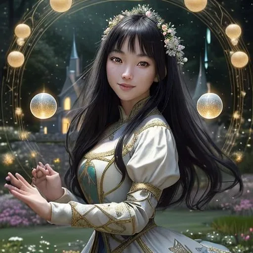 Prompt: Zoom in Portrait Very beautiful girl with asian features surrounded by many floating orbs of pale light (Masterpiece), gentle eyes and smile, gentle sparks of light, black hair, (Masterpiece), in a beautiful garden at night,  very beautiful girl, fantasy, beautiful dancing pose, medieval castle in the background, realistic flowers and plants,, constellation-like design Dress, in forest lovely dark hair, cinematic light, beautiful girl, beautiful eyes, long hair, perfect anatomy, very pretty, princess eyes, fantastic, stylised animation, bioluminescent, life size, 32K resolution, human hands, mysterious shape, graceful, almost perfect, dynamic angles, highly detailed, figure sheet, concept Art, smooth, symmetrical, balanced placement, fashion pose, 20s beauty, great hair, overhead space