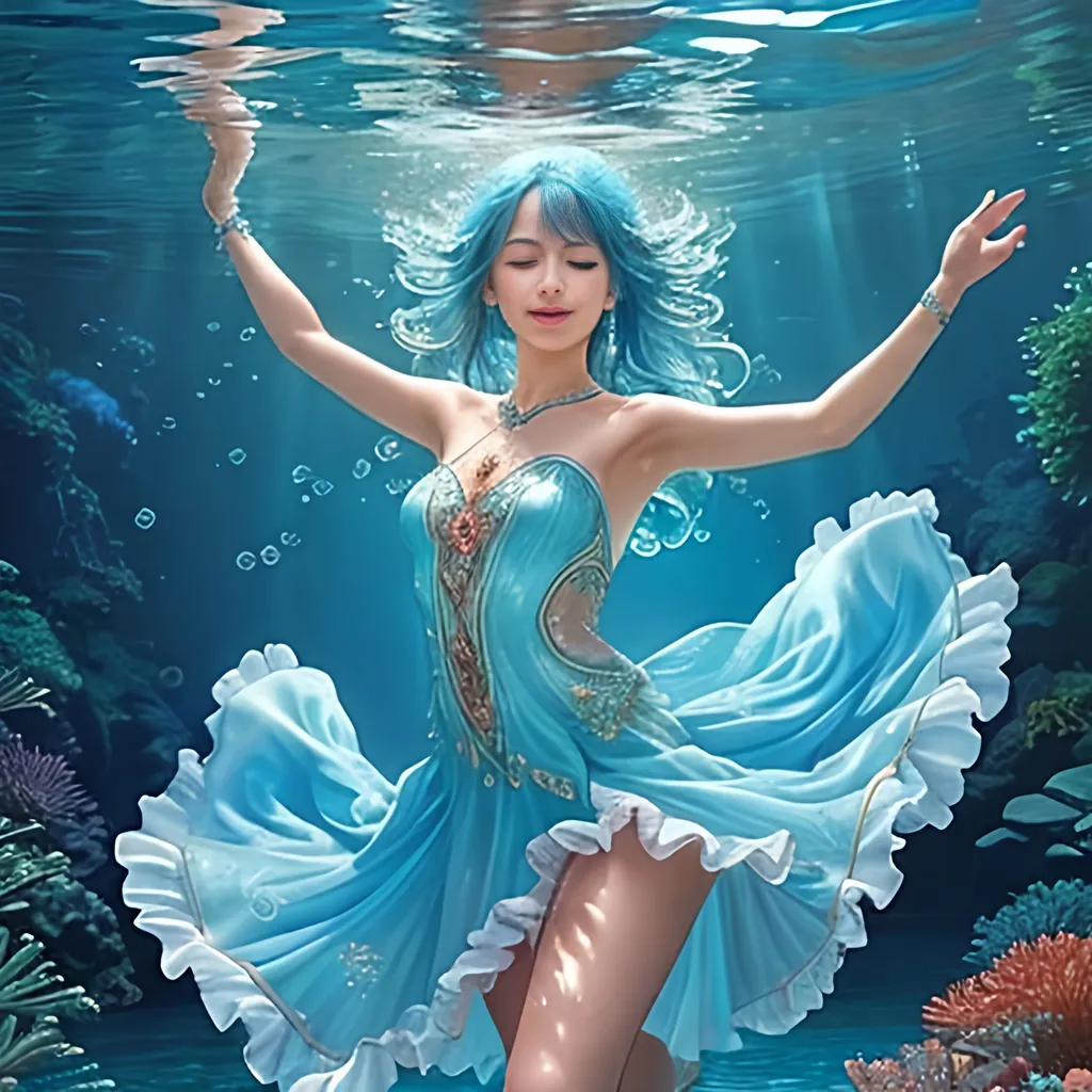 Prompt: Zoom in Portrait Very beautiful water nymph, Undine (Masterpiece), Closed eyes and smile, Schools of small fish, watery blue hair, (Masterpiece), fantastic sunlight, bubbles dancing on the water, very beautiful woman, fantasy, beautiful dancing pose, fantastic coral group background, realistic flowers and plants,, constellation-like design Dress, in water Shining blue hair, cinematic light, beautiful woman, beautiful eyes, long hair, perfect anatomy, very pretty, princess eyes, fantastic, stylised animation, bioluminescent, life size, 32K resolution, human hands, mysterious shape, graceful, almost perfect, dynamic angles, highly detailed, figure sheet, concept Art, smooth, symmetrical, balanced placement, fashion pose, 20s beauty, great hair, overhead space