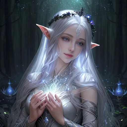 Prompt: Zoom in Portrait Very beautiful ethereal lightelf queen surrounded by many floating orbs of pale light (Masterpiece), long pointed elven ears, gentle eyes and smile, gentle sparks of light, black hair, (Masterpiece), in a dark forest,  very beautiful woman, fantasy, beautiful dancing pose, ominous forest background, realistic flowers and plants,, constellation-like design translucent see through Dress, in forest lovely dark purple hair, cinematic light, beautiful woman, beautiful eyes, long hair, perfect anatomy, very pretty, princess eyes, fantastic, stylised animation, bioluminescent, life size, 32K resolution, human hands, mysterious shape, graceful, almost perfect, dynamic angles, highly detailed, figure sheet, concept Art, smooth, symmetrical, balanced placement, fashion pose, 20s beauty, great hair, overhead space