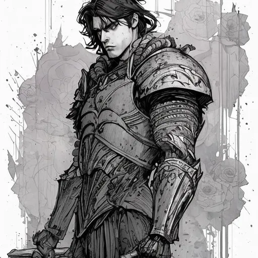 Prompt: john william waterhouse style, line art watercolor wash, digital illustration, coloured, comic style, handsome, muscular knight in black armor, shoulderlong black hair, holding a rose made of ice, ice roses in the background , centered, approaching perfection, dynamic, highly detailed, artstation, concept art, smooth, sharp focus, illustration, art by Carne Griffiths and Wadim Kashin, trending on artstation, sharp focus, studio photo, intricate details, highly detailed, by greg rutkowski