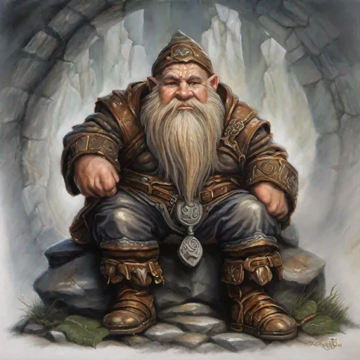 Prompt: painting of a dwarf sitting on a stone in the style of Anne Stokes