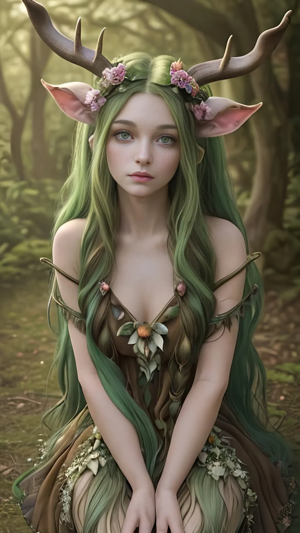 Prompt: a beautiful and youthful female faun with striking features, including long, flowing nature green hair and dark, earthy skin, nature inspired dress, gentle pretty face with delicate features, eyes sparkling with mischief and curiosity, Subtle faun-like features, deer antlers decorated with flowers peeking out from her hairline, deer ears on top of her head, and delicate hooves for feet, Her lithe and graceful body adorned with leaves and vines, adding a touch of natural beauty and wildness to her appearance, playful and alluring, flowing nature green hair, Intricate, Highly detailed, Digital painting, Artstation, Fantasy, Sharp focus, mythological, Art by artgerm and greg rutkowski and magali villeneuve, Divine, Mystical, Glowing eyes, otherworldly, trending on deviantart and instagram
