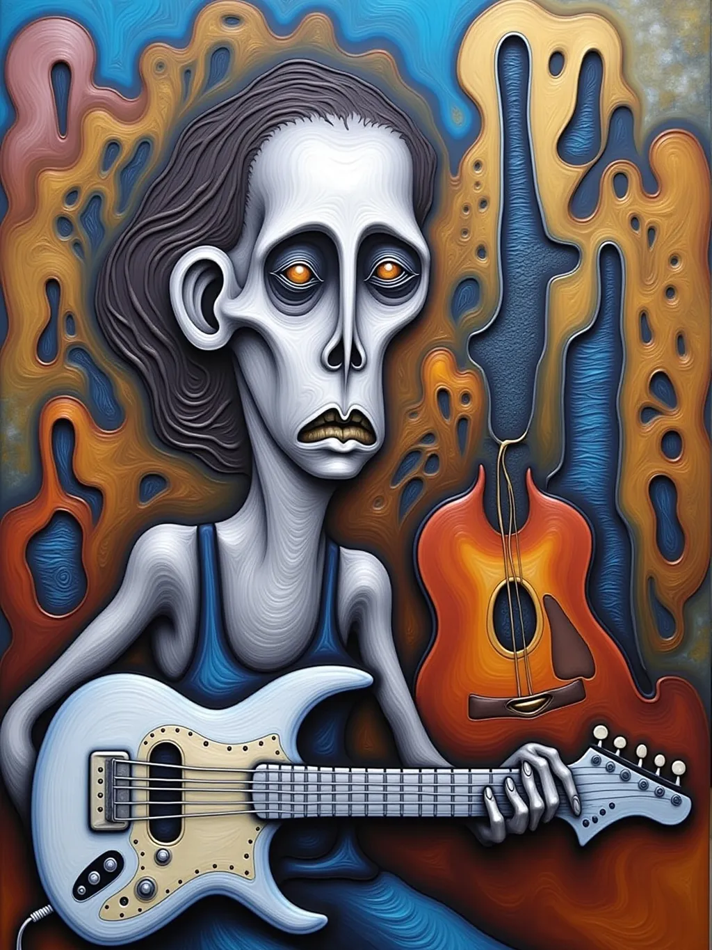 Prompt: abstract painting of a somber man playing guitar in Mark Ryden style, odd buildings dotting the background
