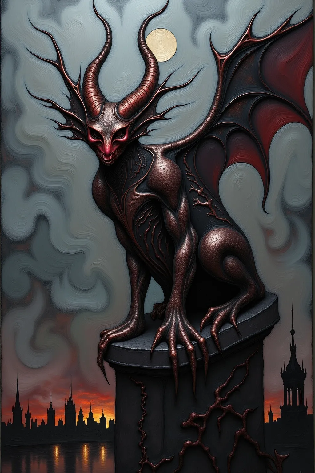Prompt: Abstract painting of a gargoyle perched on a rooftop, surrealism style, dark color scheme, rich shadows, moody atmosphere, intricate detailing, ethereal ambiance, hauntingly beautiful textures, dreamlike surroundings, mysterious rooftop backdrop, ultra-detailed, high-quality 4K, evocative composition.