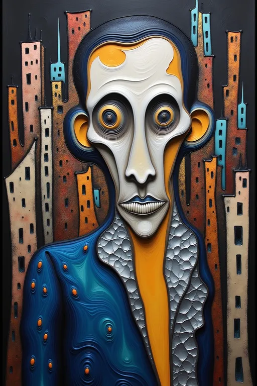 Prompt: abstract painting of a somber man in Mark Ryden style, odd buildings dotting the background
