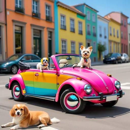 Prompt: A vw colorful convertible beetle vehicle with a cute dog driving it