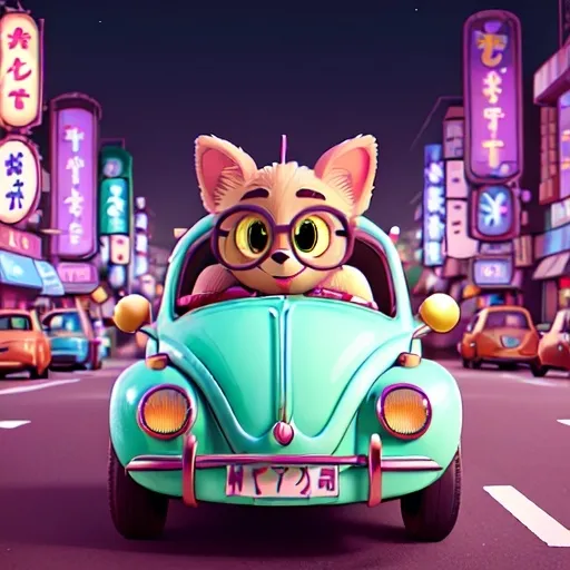 Prompt: A cute cartoon dog driving a vintage convertible VW Beetle through the bustling streets of Tokyo at night. The dog wears aviator goggles and a stylish scarf, looking thrilled as it holds the steering wheel. The city around is illuminated with vibrant neon lights, glowing billboards, and traditional Japanese lanterns, creating a colorful and dynamic background. The Beetle, painted in a pastel color with retro flower decals, shines under the city lights, blending the charm of the classic car with Tokyo's lively nightlife