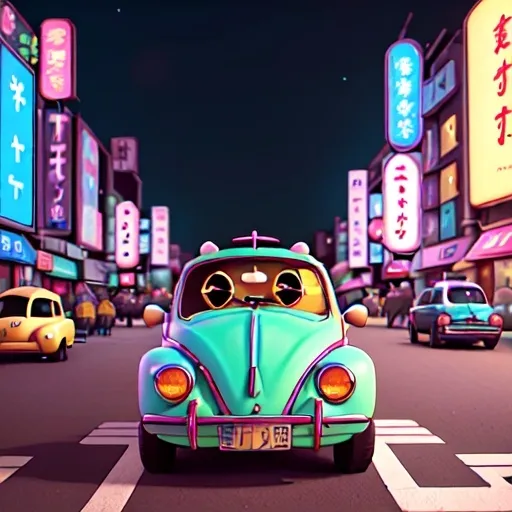 Prompt: A cute cartoon dog driving a vintage convertible VW Beetle through the bustling streets of Tokyo at night. The dog wears aviator goggles and a stylish scarf, looking thrilled as it holds the steering wheel. The city around is illuminated with vibrant neon lights, glowing billboards, and traditional Japanese lanterns, creating a colorful and dynamic background. The Beetle, painted in a pastel color with retro flower decals, shines under the city lights, blending the charm of the classic car with Tokyo's lively nightlife