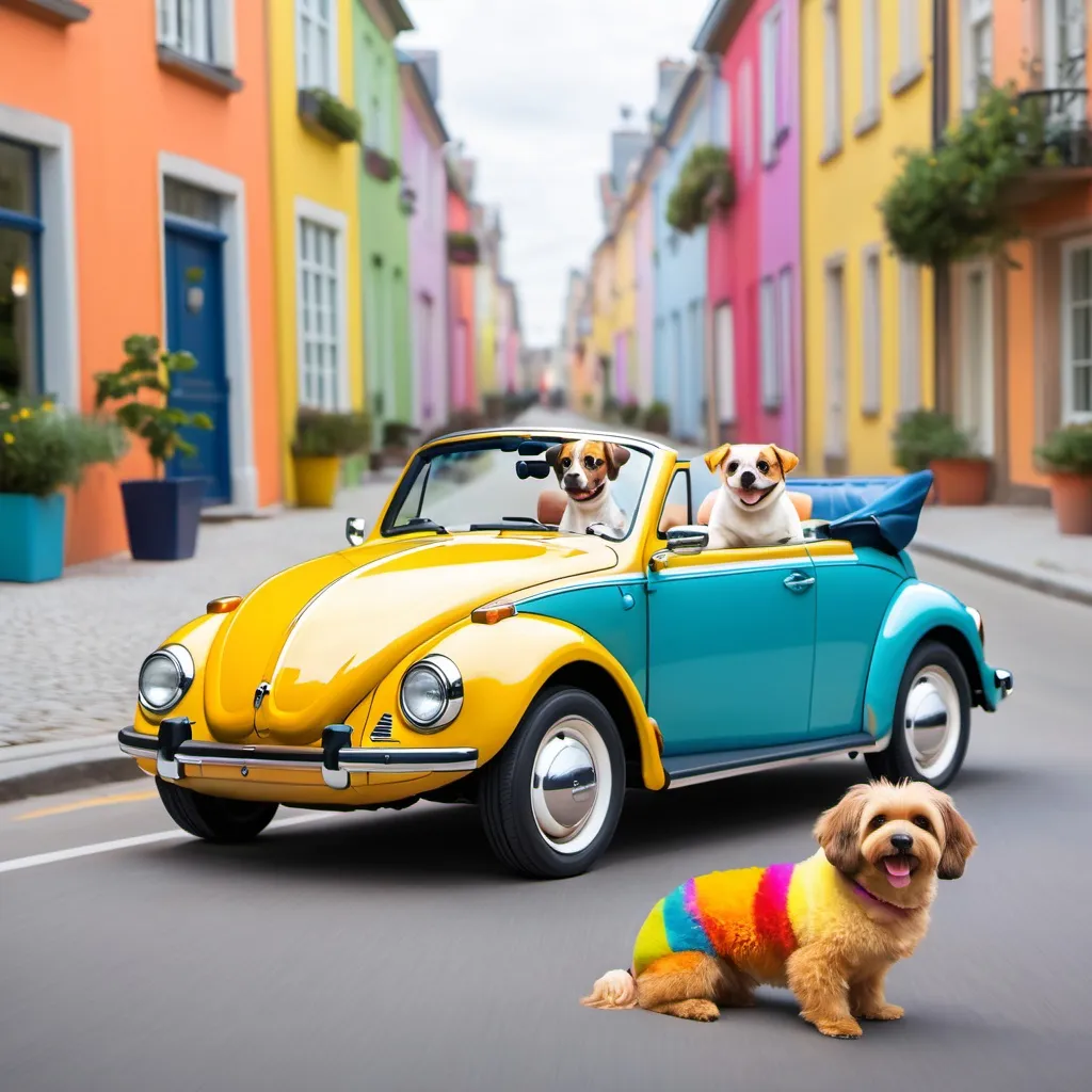 Prompt: A vw colorful convertible beetle vehicle with a cute dog driving it