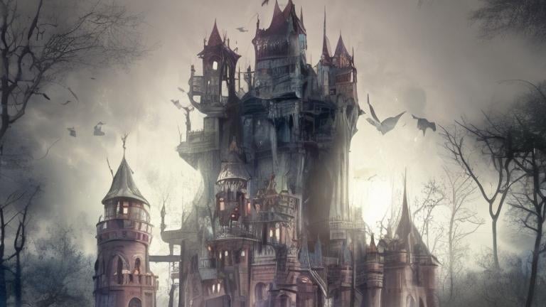 Prompt: Hyperrealistic haunted ghostly medievil gothic fortress at midnight full moon foggy meteor
